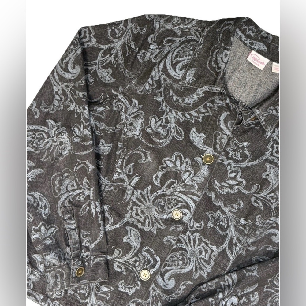 Women's Black Denim Gray Floral Button Front Jacket Coat Size Med M Pappagallo - Picture 7 of 7
